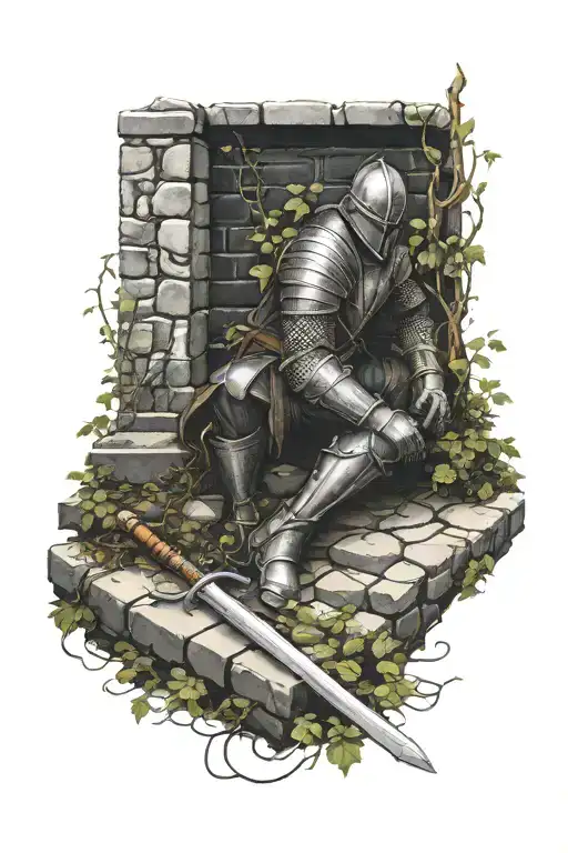 fallen knight sitting against a medieval cobblestone wall with creeping vines and his sword on the ground. tattoo design idea