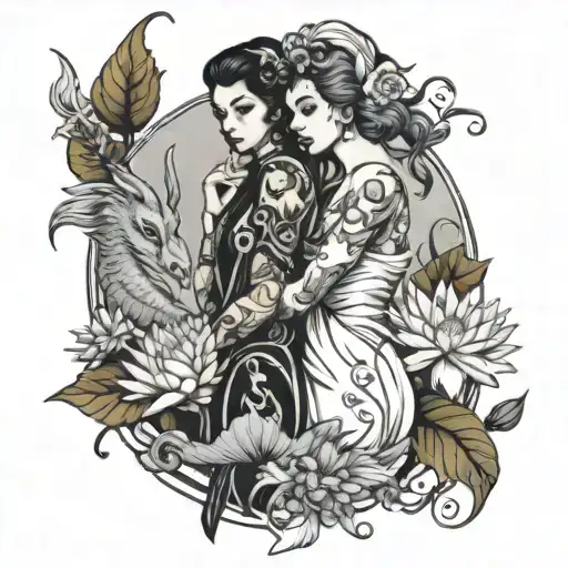 an Aquarius woman together with an Capricorn woman near water with aster flower and water lily flower in background  tattoo design idea