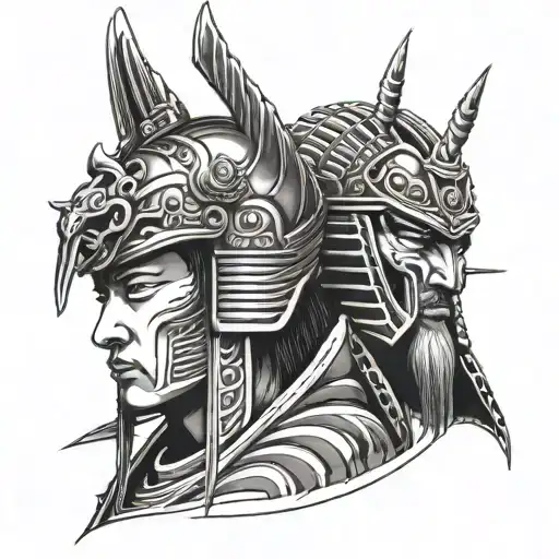 samurai facing a pharaoh crown tattoo design idea