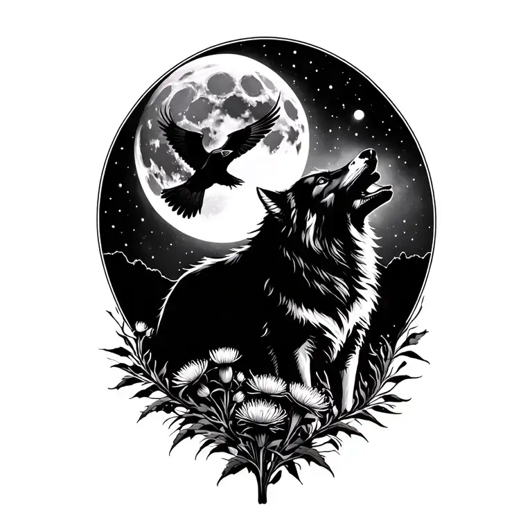 Realistic wolf with scotish thistle howling to moon, a raven shadow flying in front of moon tattoo design idea