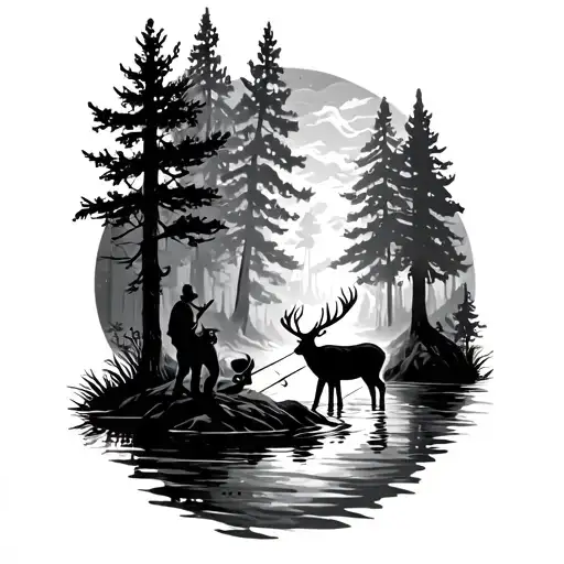 forest wrap with deer and man fishing tattoo design idea