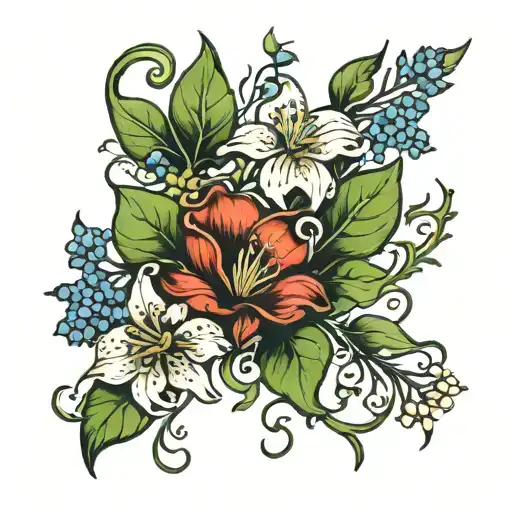 shamrock and bluebell and white lily and thistle and forget-me-not intertwined  tattoo design idea