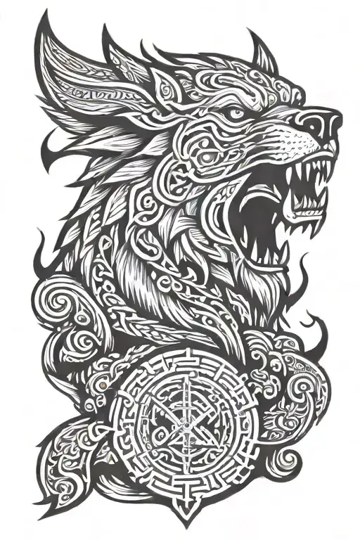 angry fenrir with runes wrapping, nordic, black and grey, with not allot of black tattoo design idea