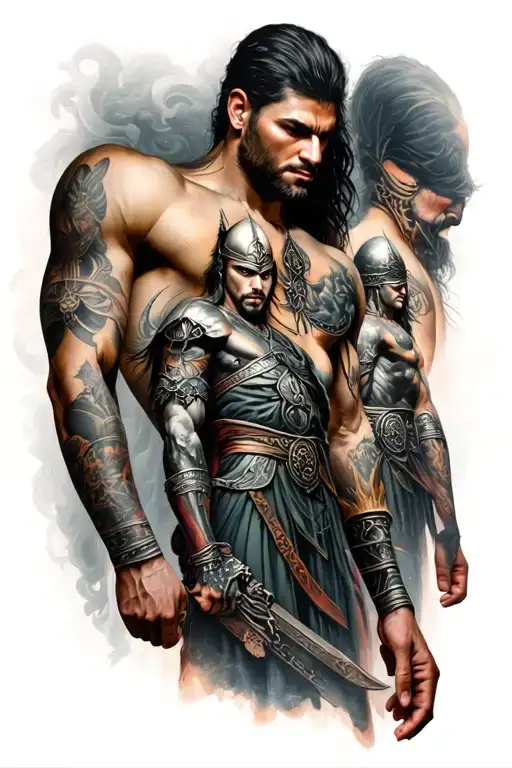 A full arm sleeve depicting warriors through time with mostly black and white styling and strong color accents tattoo design idea