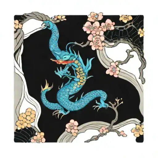 cherry blossom and blue dragon wrapped tattoo design idea