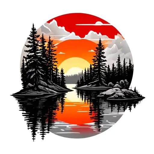 create a sleeve with pine trees mirroring off the lake with an orange and red sunset in the backdrop tattoo design idea