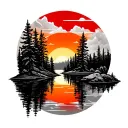 create a sleeve with pine trees mirroring off the lake with an orange and red sunset in the backdrop tattoo design idea