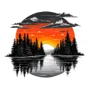 create a sleeve with pine trees mirroring off the lake with an orange and red sunset in the backdrop tattoo design idea