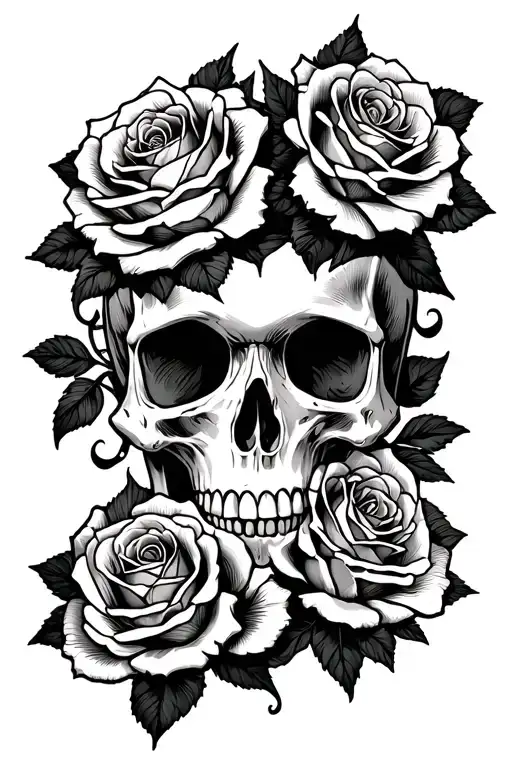 skull and 3 roses tattoo design idea