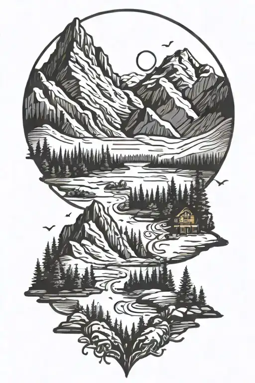 outdoor scene with mountains tattoo design idea