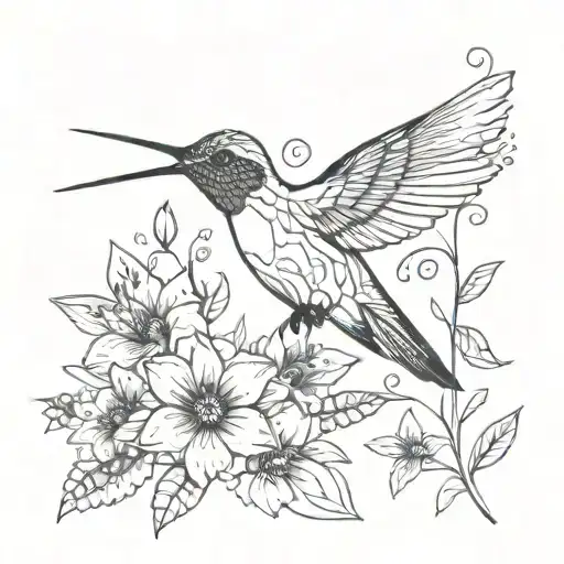 Hummingbird with flowers fine line tattoo design idea