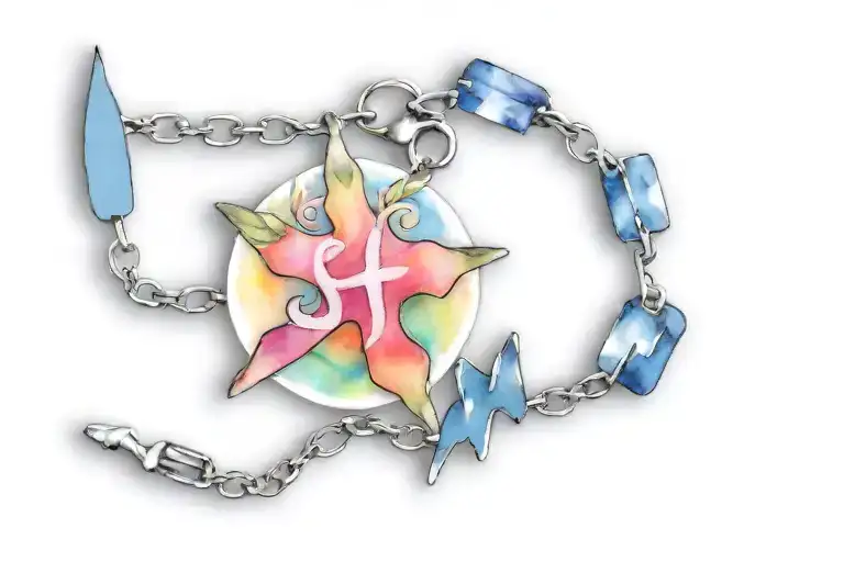 Charm bracelet wrist tattoo with a cross and the word Shalom tattoo design idea