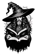 wizard hat and holding open book surrounded tattoo design idea