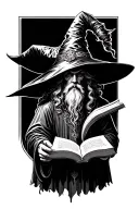 wizard hat and holding open book surrounded tattoo design idea