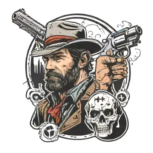 a tatto of arthur morgan in black and white with a revolver then some where else a  ghosts of tshumia mask with a sword  tattoo design idea