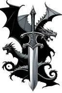 sword made of dnd dice with dragons flying tattoo design idea