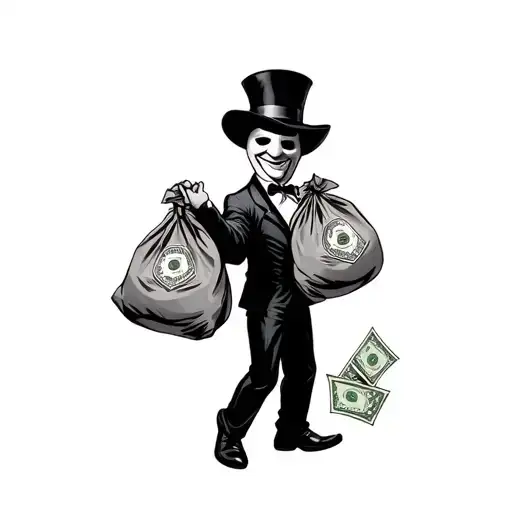 monopoly man carrying bags of money with Jason mask tattoo design idea