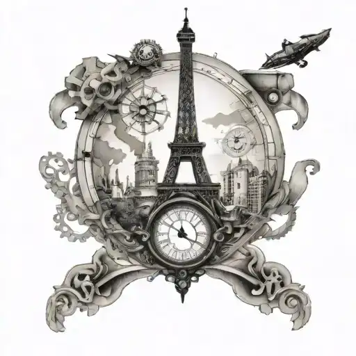 steampunk, world map, eiffel tower, kalifa tower dubai, compass, clock tattoo design idea
