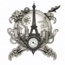 steampunk, world map, eiffel tower, kalifa tower dubai, compass, clock tattoo design idea
