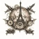 steampunk, world map, eiffel tower, kalifa tower dubai, compass, clock tattoo design idea