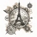 steampunk, world map, eiffel tower, kalifa tower dubai, compass, clock tattoo design idea