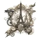 steampunk, world map, eiffel tower, kalifa tower dubai, compass, clock tattoo design idea