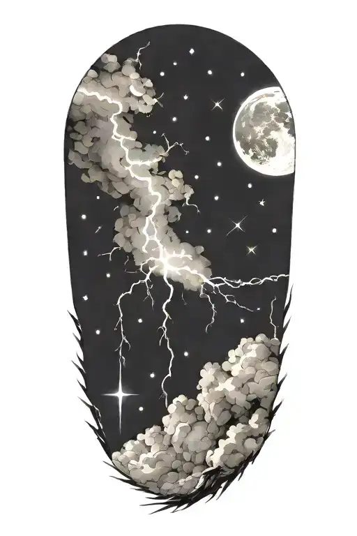 night sky filled with constellations moon thunderstorm lightning bolts  tattoo design idea