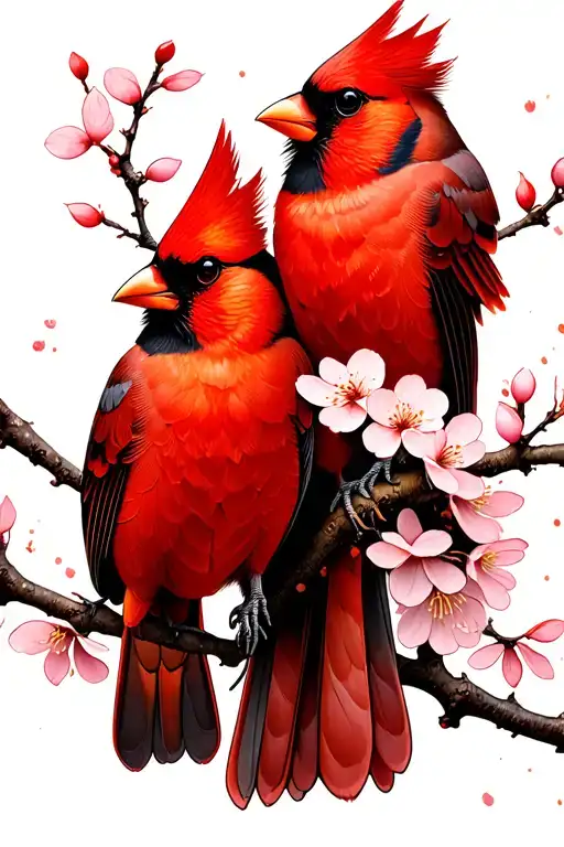 Tattoo design of two cardinals perched on a single akebono cherry blossom branch, facing each other in an intimate pose tattoo design idea