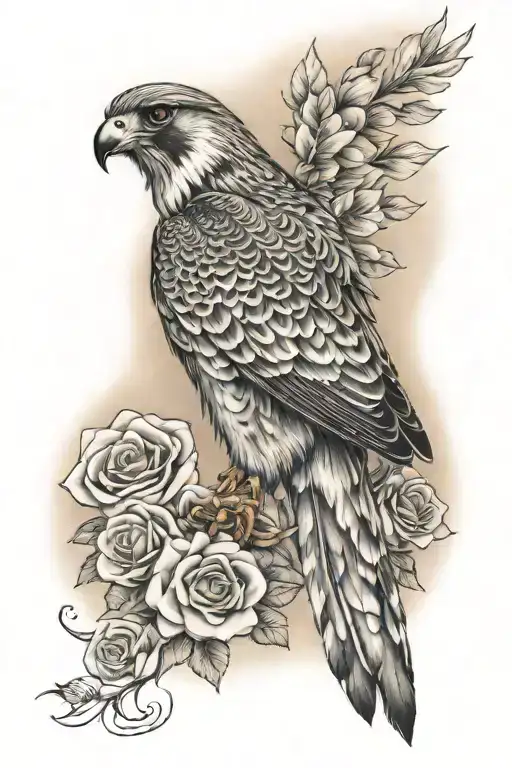 falcon with a background of roses, above a parchment with sun rays that says: "now your heart flies high like a falcon" tattoo design idea