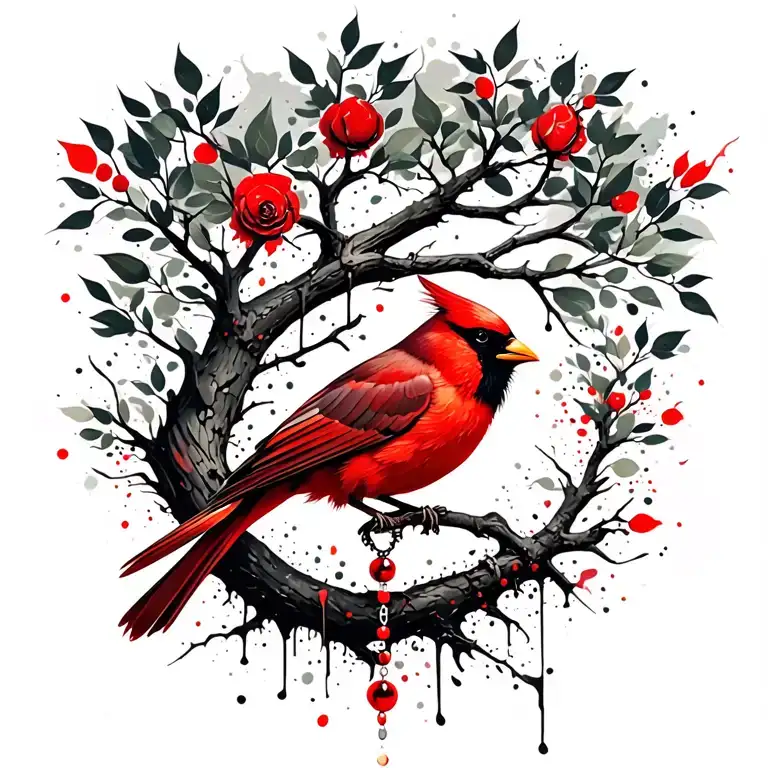 cardinal, rosary, tree growing tattoo design idea