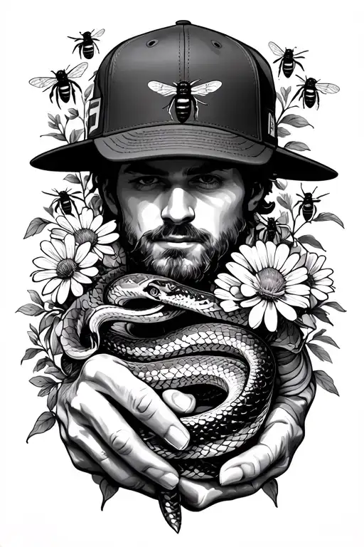 mans hand holding wild flowers, bees, snake wrapped, backwards hat tattoo design idea