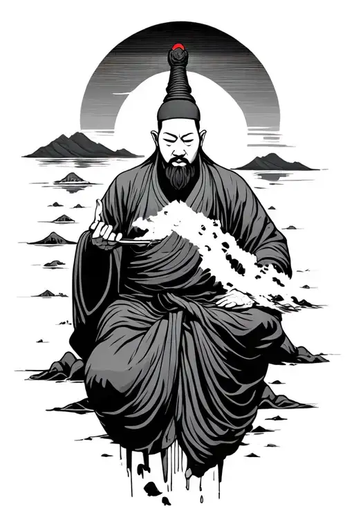 zen monk traveling arround tattoo design idea