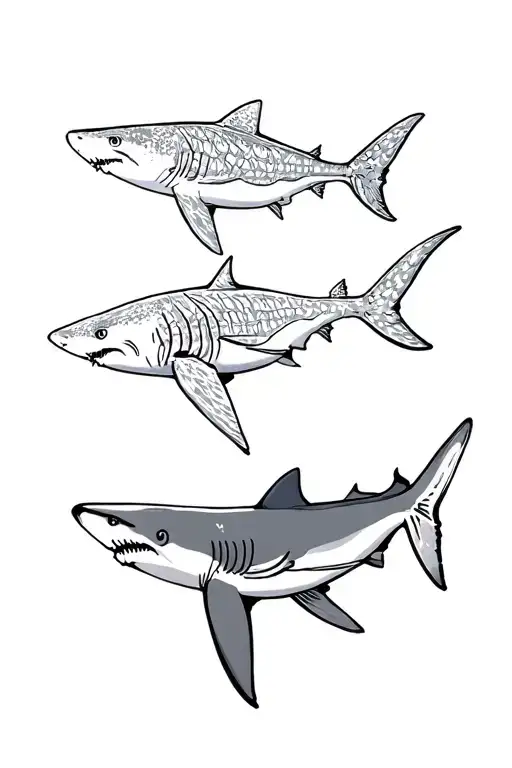 Tiger shark, whale shark, and hammer shark outline swimming together  tattoo design idea
