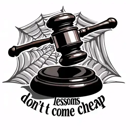 "hard lessons don't come cheap" prison bars, gavel, spider web tattoo design idea