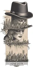v for vendetta. hat with city skyline in the background with qr code tattoo design idea