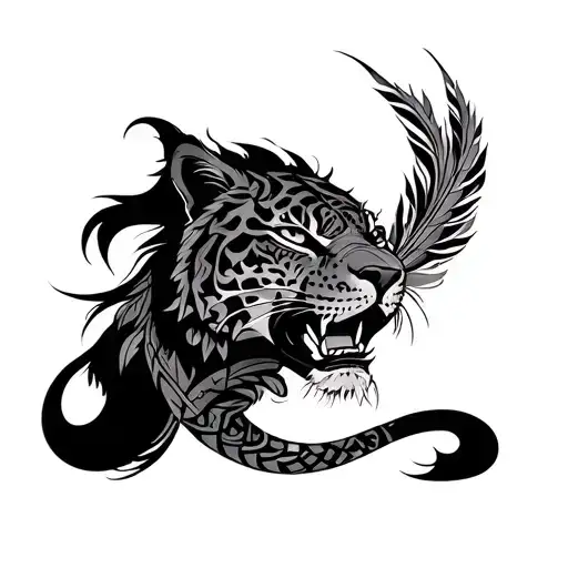 Aztec feathered serpent, jaguar warrrior, woman  tattoo design idea