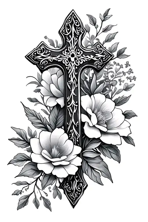 cross and flowers dainty tattoo design idea