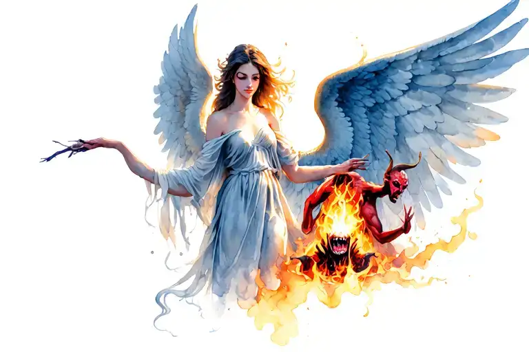 beautiful woman angel holding down the devil from the underworld with evil souls burning below the devil tattoo design idea