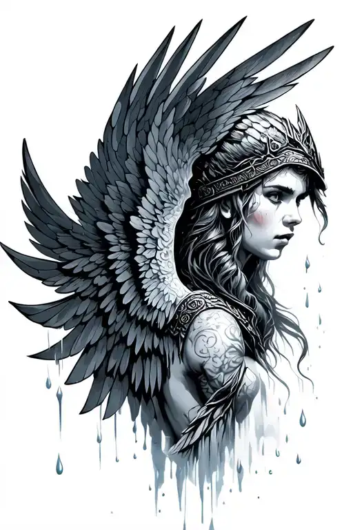 valkyrie wings spread rain storm tattoo design idea
