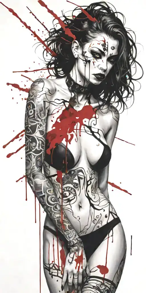 darkly alluring full nude masked goth girl rocking out tattoo design idea