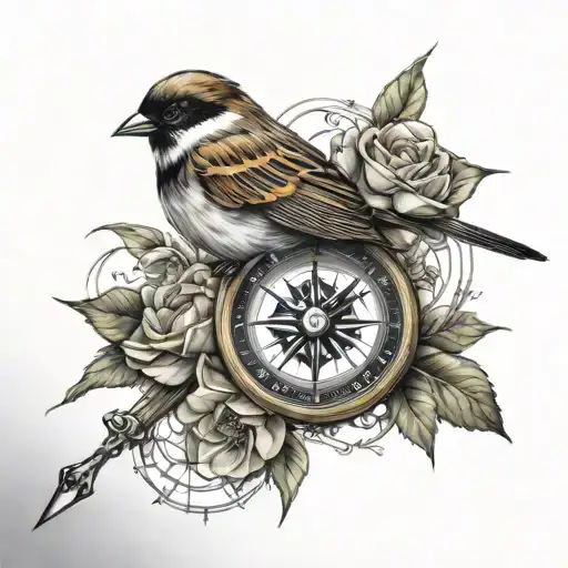 compass rose sword sparrow tattoo design idea