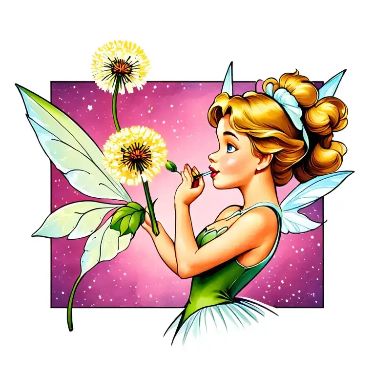 tinker bell blowing dandelion flower tattoo design idea