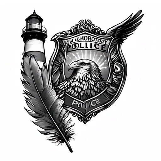 lighthouse, eagle, feather, police badge tattoo design idea