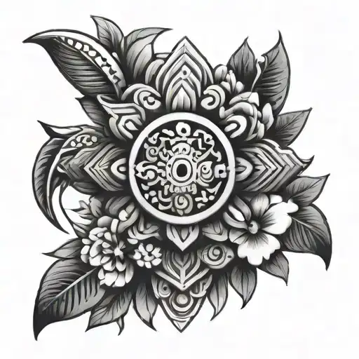 Aztec symbols with flowers from Mexico no slulls tattoo design idea