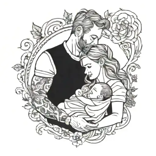 A portrait of a mother and father holding their baby in their arms tattoo design idea