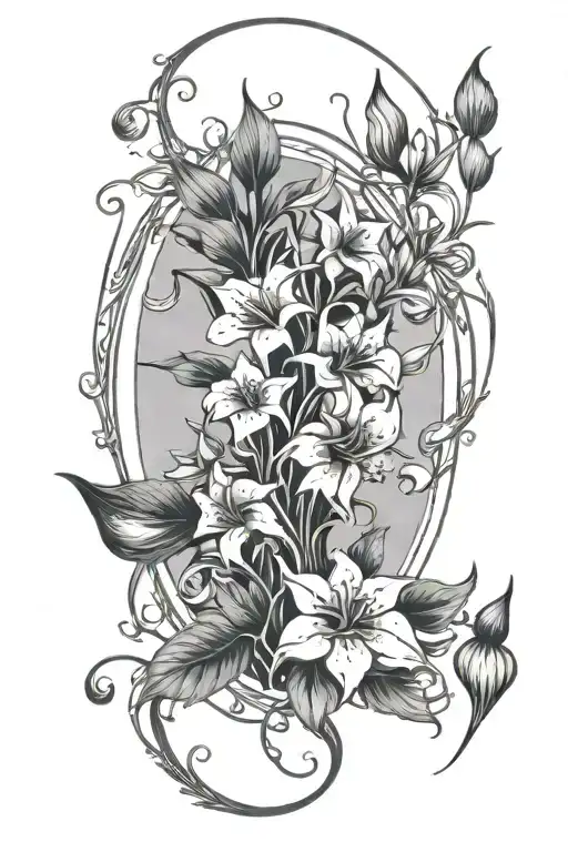 oval frame made out of vines belladonna, lily of the valley, moon flowers, wolfsbane flower, mushrooms tattoo design idea