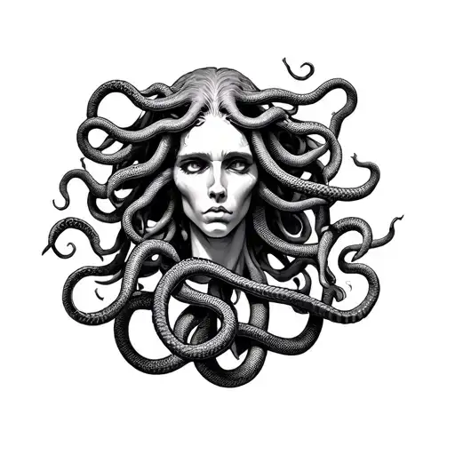 medusa head in center of chest with snakes going along collarbones tattoo design idea