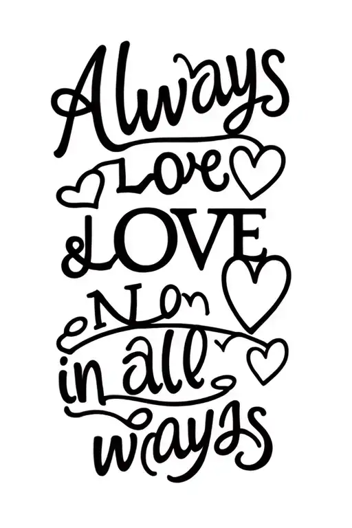 "Always Love & Love in all ways" "Always Love & Love in all ways" "Always Love & Love in all ways" different sized hearts grouped together with a ribbon banner  tattoo design idea