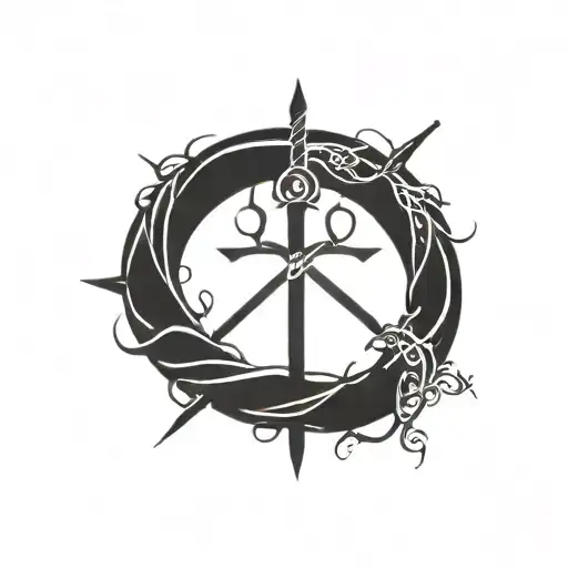 sun cross swords vines wrapping tattoo design idea