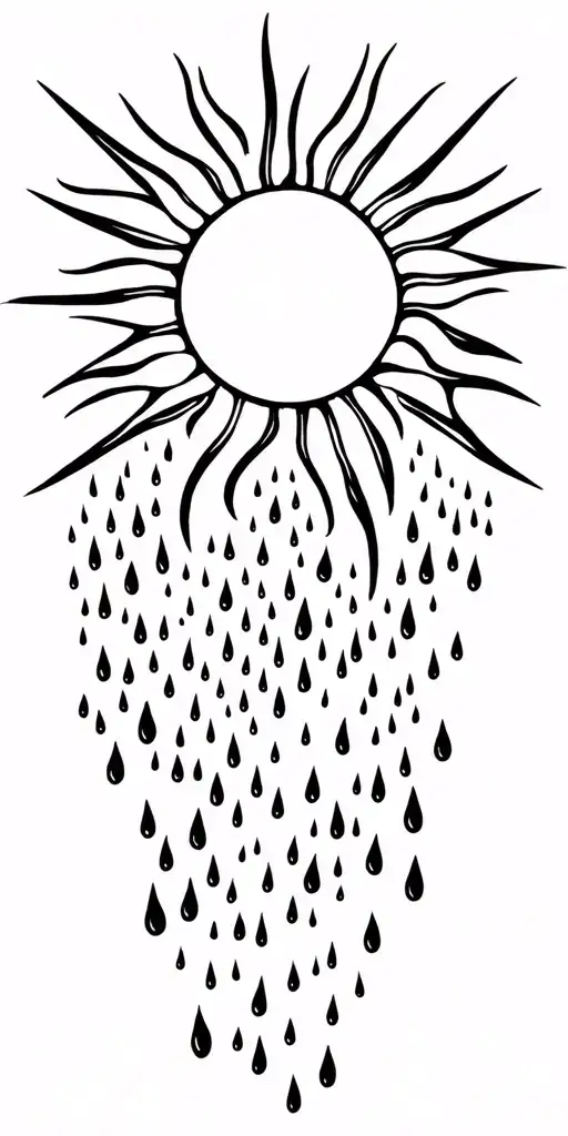 a sun melting into a waterfall that turns into rain drops tattoo design idea